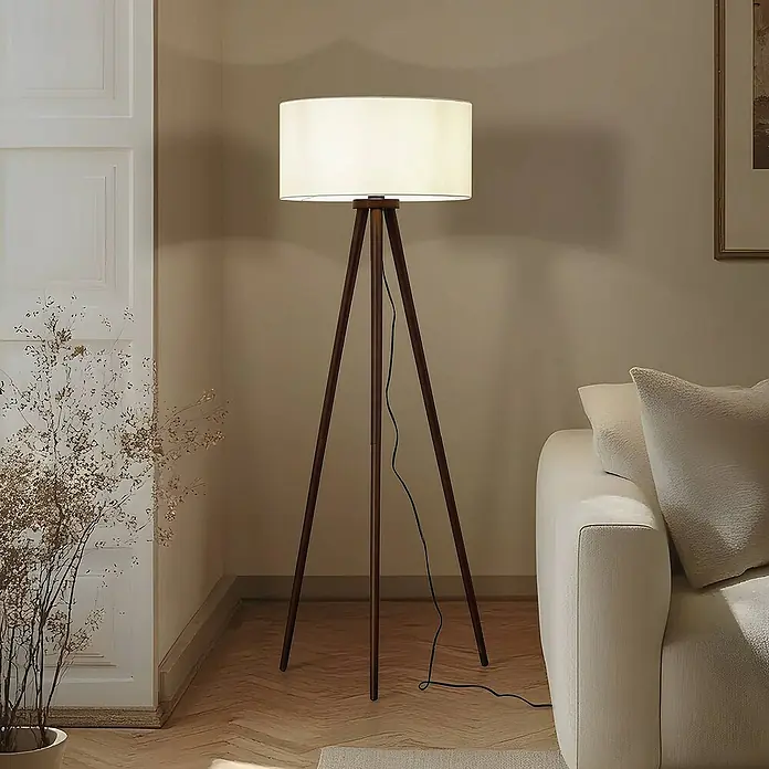 Lindby Stehleuchte Charlia - Höhe: 150 cm, Holz dunkel, weiß / opal, E27
