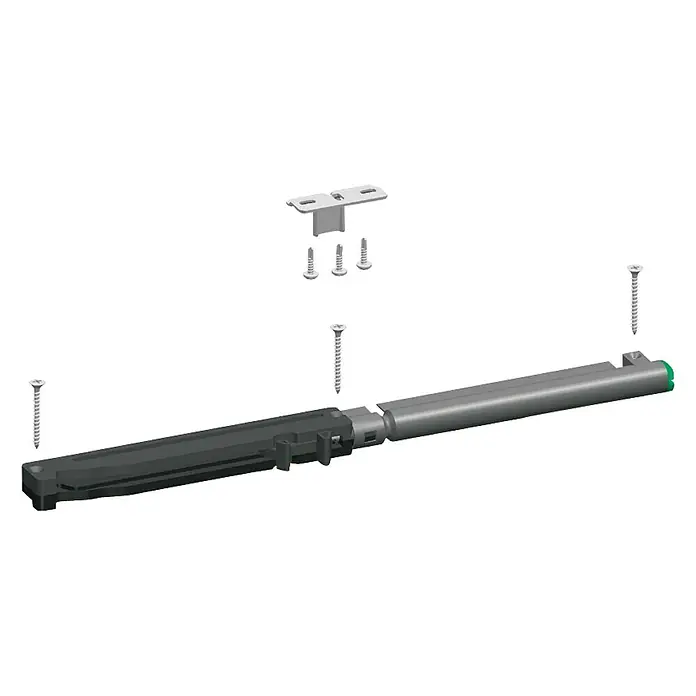 Eclisse Herraje para puerta corredera sistema de retención cierre - Largo: 253 mm, Capacidad de carga: 40 kg - Imagen de un dispositivo de cierre de puerta con tornillos y placa de montaje necesarios para la instalación.