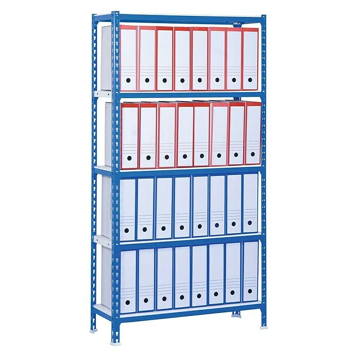 Simonrack Simonclick Metallregal Simonclick Plus - H x B x T: 200 x 100 x 50 cm, Traglast pro Boden: 180 kg, Anzahl Böden: 5 Stk., Stecken, Blau/Weiß - Regal mit blauen Metallrahmen und mehreren Ablagen, gefüllt mit roten und blauen Aktenordnern zur Aufbewahrung von Dokumenten.