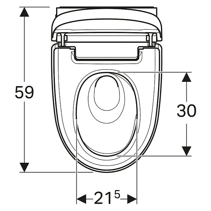 Geberit Wand-Dusch-WC-Set AquaClean Mera Comfort - Spülrandlos, Mit schmutzabweisender Glasur, Spülform: Tief, WC Abgang: Waagerecht, Weiß - Draufsicht auf eine Toilette mit den Maßen 59 cm Höhe, 30 cm Tiefe und 21,5 cm Breite. Sanitärobjekt in Schwarz-Weiß.
