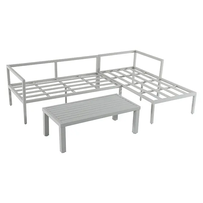 Sunfun Hannah Conjunto de muebles - 3 pzs., Aluminio, Gris claro - La imagen muestra un conjunto de salón modular para exteriores gris, con un marco de sofá seccional y una mesa de centro a juego.