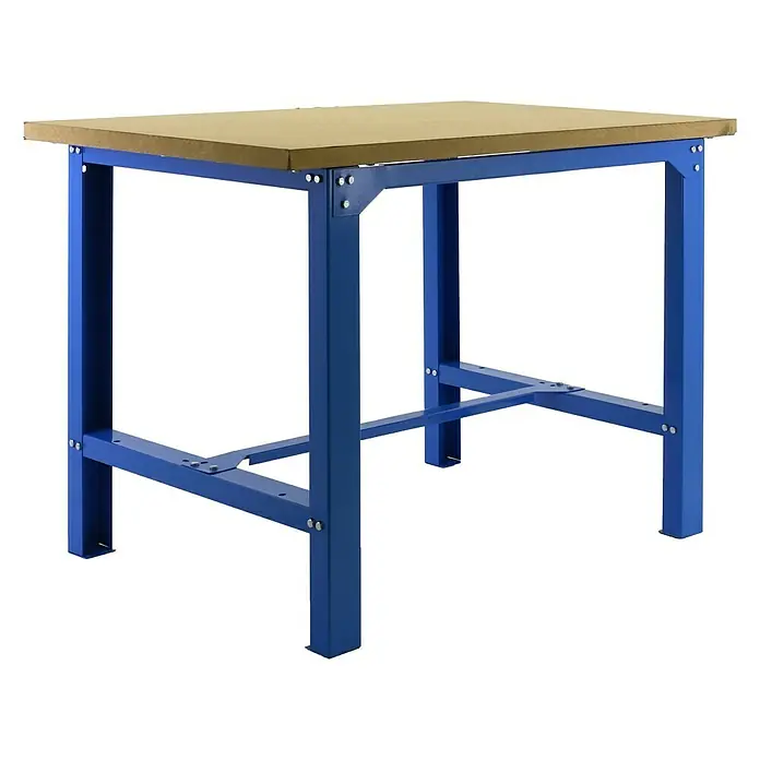 Simonrack Simonwork Werkbank BT-6 Plywood 1200 - L x B: 75 x 120 cm, Arbeitshöhe: 86,5 cm, Belastbarkeit: 600 kg, Blau - Ansicht eines blauen Werkstatttisches mit einer braunen Arbeitsplatte. Der Tisch ist stabil und für verschiedene Arbeiten geeignet.