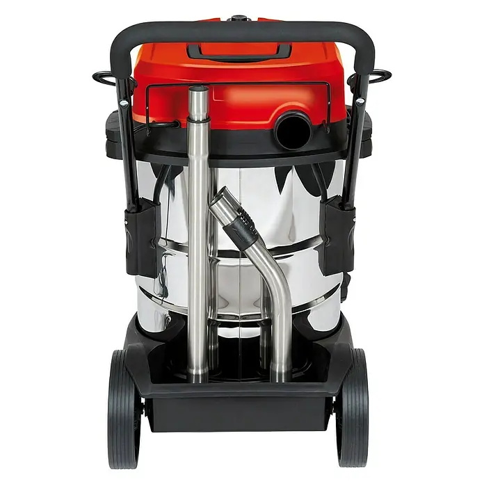 Herkules Elektro-Nass- & Trockensauger H-NT 50 Inox - 1.600 W, 50 l - Hier ist ein Nass-Trockensauger mit rotem Oberteil und silberfarbenem Metalleimer. Ideal für Reinigungsarbeiten mit hoher Kapazität.
