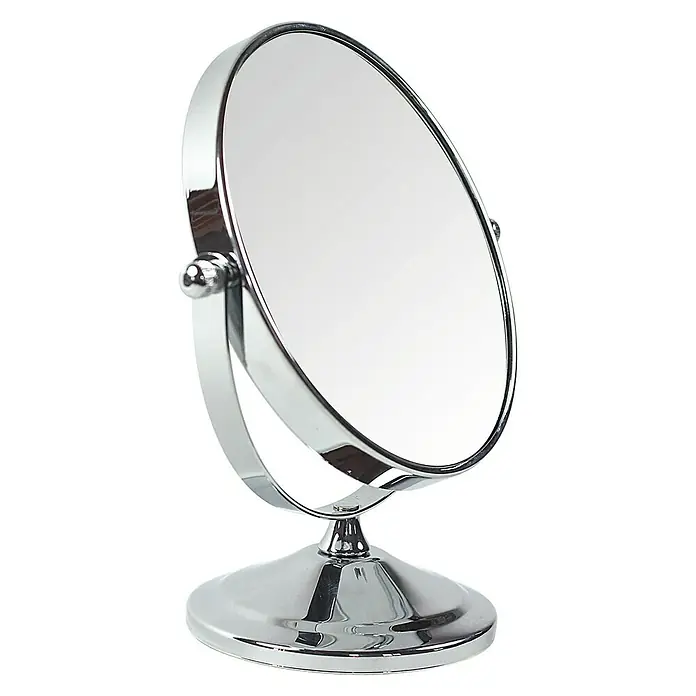 Deblanch Espejo cosmético - 15 x 15 cm, Redonda, Cromo, Aumento 1: 300 %, Aumento 2: 700 % - La imagen muestra un elegante espejo de maquillaje cromado redondo con una base resistente, perfecto para las rutinas de belleza diarias.