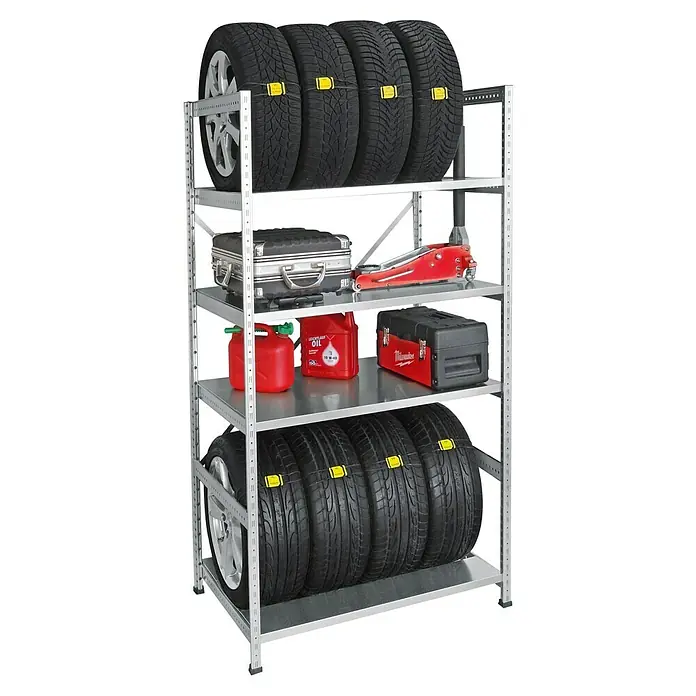 Scholz Reifenregal Grundelement - H x B x T: 192 x 105 x 72 cm, Traglast pro Boden: 300 kg, Anzahl Böden: 2 Stk., Stecken, Silber - Ein Metallregal mit vier Reifen, Werkzeugkasten, Ölkanister und Wagenheber. Ideal für die Aufbewahrung in der Garage oder Werkstatt.