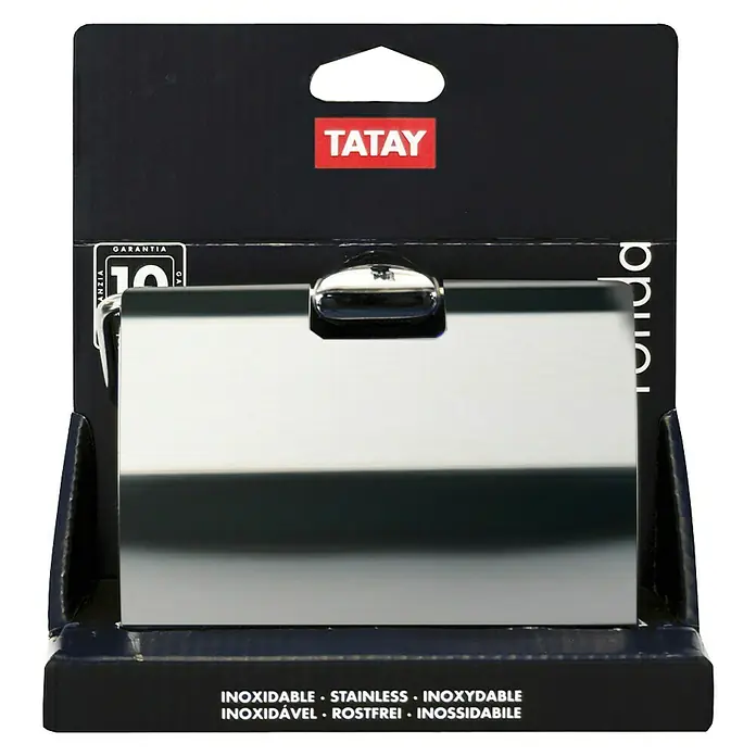 Tatay Ronda Portarrollos de pared - Con tapa, Cromo - Foto de un portarrollos de papel higiénico rectangular, plateado y de acero inoxidable, de la marca Tatay.