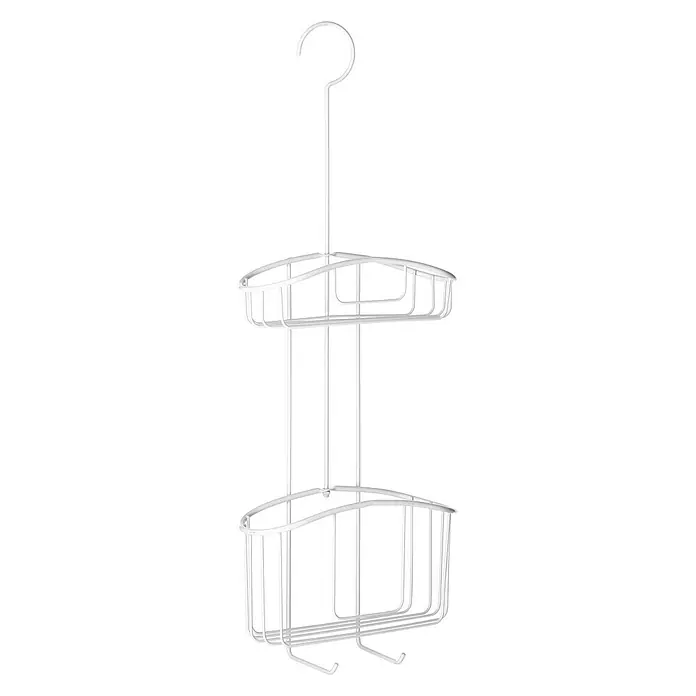 Tatay Cesta de baño colgante doble - L x An x Al: 9 x 22,5 x 60 cm, Blanco - Un estante colgante blanco de esquina con dos niveles y ganchos, ideal para la ducha o el baño. Solución de almacenamiento práctica.