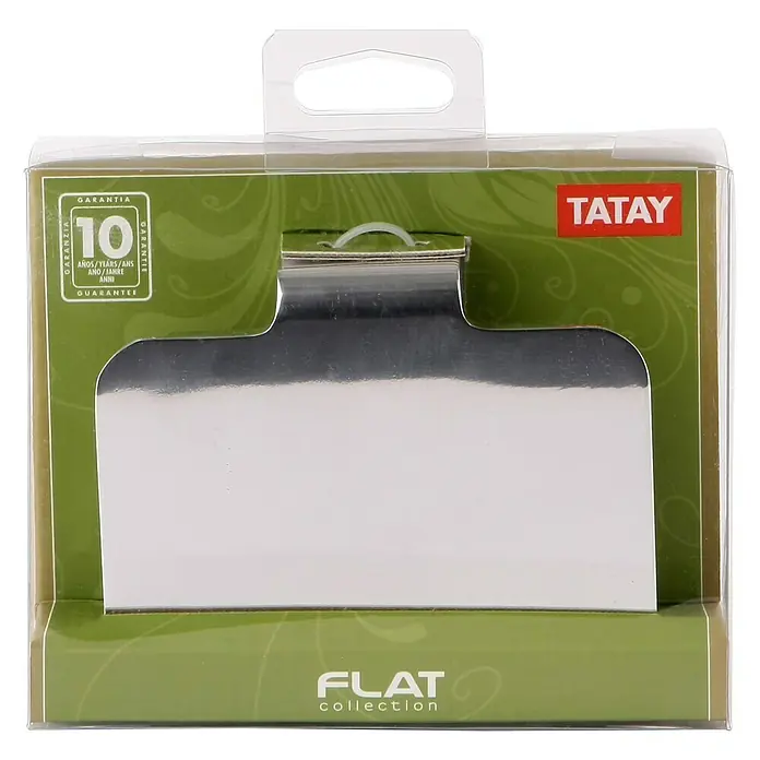 Tatay Flat Portarrollos papel higiénico - Con tapa, Aluminio, Cromo - Imagen de una colección plana TATAY empaquetada. Embalaje en tonos verdes y blancos, con información del producto y sello de garantía de 10 años.