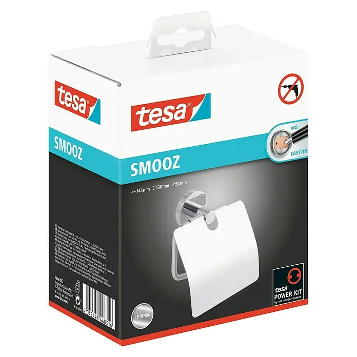 Tesa Smooz Toilettenpapierhalter - Mit Deckel, Chrom, Glänzend - Verpackung für den Tesa SMOOZ Toilettenpapierhalter. Klebelösung, kein Bohren erforderlich, chromfarbenes Design für jedes Badezimmer.