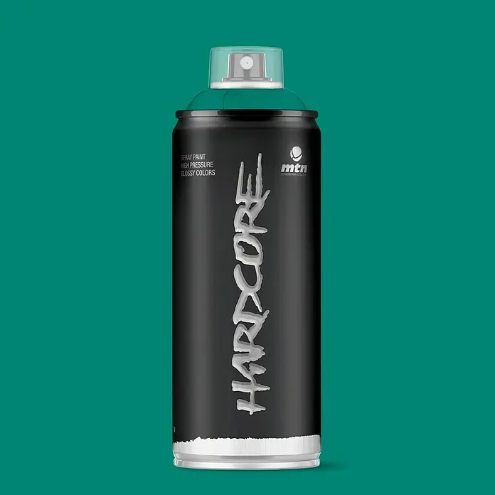 mtn Pintura decorativa en spray Hardcore - Deep Green, Resplandeciente, 400 ml - Imagen de una lata de aerosol Montana MTN Hardcore en negro y plata con tapa verde, ideal para proyectos de graffiti y arte.