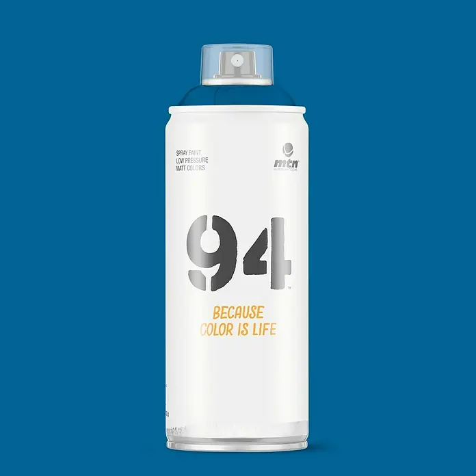 mtn Pintura decorativa en spray 94 - Azul Babilonia, Mate, 400 ml - Bote de spray MTN 94 con el lema "BECAUSE COLOR IS LIFE". Baja presión, colores mate, ideal para proyectos de arte.