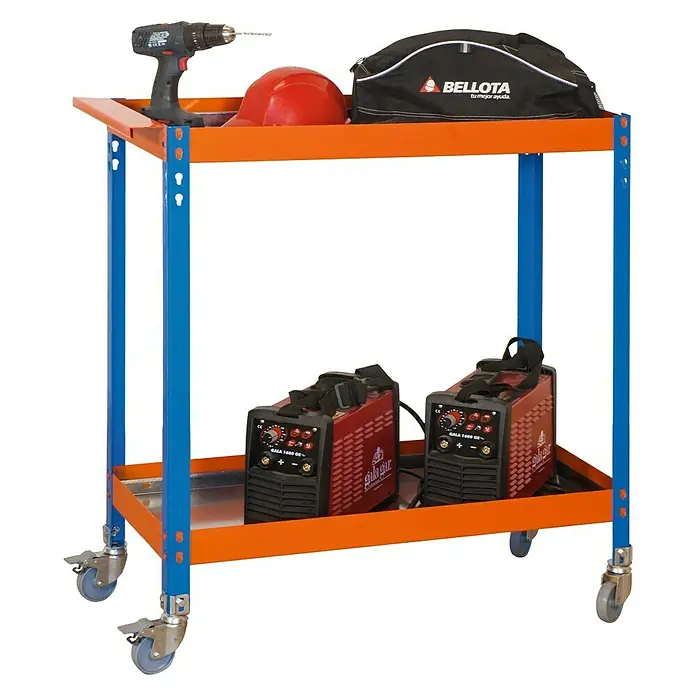 Simonrack Carro de taller Metalic - L x An x Al: 40 x 90 x 103 cm, Metal, Azul/Naranja - Carro de herramientas con taladro, casco, bolsa y soldadoras.