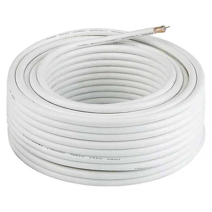 Koaxialkabel - 50 m, Weiß, Schirmungsmaß: 120 dB - Aufgerolltes weißes Hama Koax Kabel, doppelt abgeschirmt, für eine optimale Signalübertragung im TV- und Radiobereich.