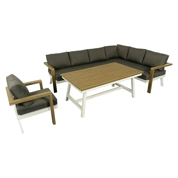 Sunfun Conjunto de muebles Morgana - 4 pzs., Enviro Imitation Wood® / Aluminio, Marrón/Blanco - Esta imagen presenta un elegante conjunto de muebles de patio con cojines grises y una mesa con tablero de listones marrón claro.