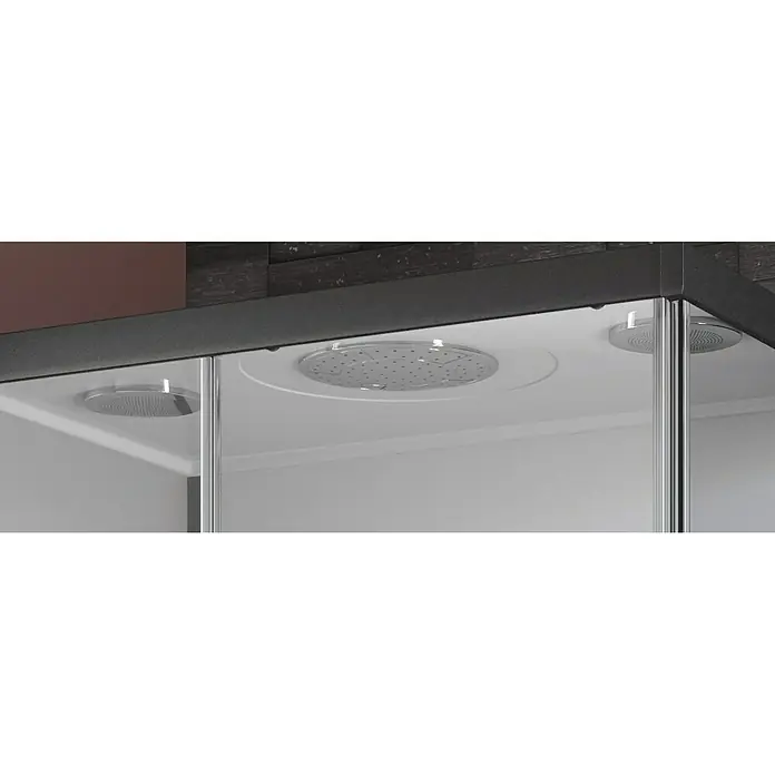 GEO Fix Komplettdusche - 80 x 110 x 215 cm, Weiß/Schwarz - Detailaufnahme einer Duschkabine mit integrierter Kopfbrause und seitlichen Lautsprechern.