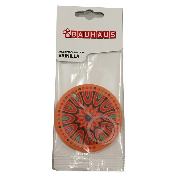 BAUHAUS Ambientador de coche Mandalas - Vainilla - Ambientador de coche de vainilla Bauhaus en embalaje original con estampado naranja. Asegura un aroma agradable en el vehículo.