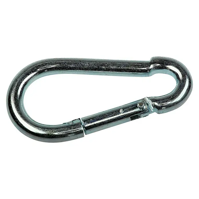Stabilit Feuerwehr-KarabinerhakenDurchmesser: 6 mm, Belastbarkeit: 120 kg, Stahl, 10 Stk. - Ein silberner Karabinerhaken mit einem Verschluss ist vor einem schwarzen Hintergrund abgebildet.