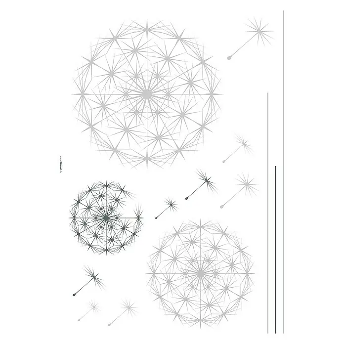 Komar Dekosticker Dandelion - Anthrazit/Silber, 100 x 70 cm - Eine stilisierte Darstellung von Pusteblumen in verschiedenen Größen und Auflösungsgraden, die ein Gefühl von Leichtigkeit und Vergänglichkeit vermittelt.