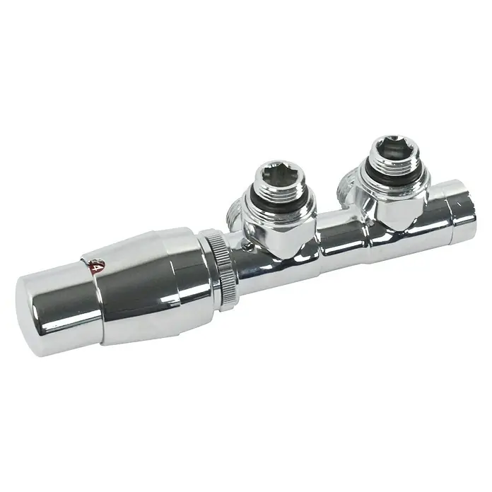 Ximax Mittenanschlussgarnitur Twins - ½″, Eck, Klemmen, Chrom, Durchmesser: 15 mm - Glänzendes Heizkörperthermostat mit zwei Anschlüssen. Das Thermostat ist verchromt und hat ein modernes Design.