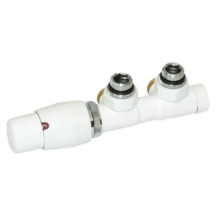 Ximax Mittenanschlussgarnitur Twins - ½″, Eck, Klemmen, Weiß, Durchmesser: 15 mm - Produktbild eines weißen Thermostatventils mit zwei Anschlüssen. Ideal für Heizkörper, um die Temperatur präzise zu regeln.