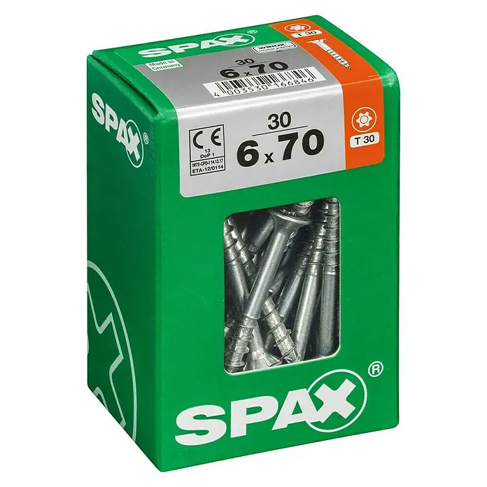 Spax Universalschraube T-Star plusØ x L: 6 x 70 mm, WIROX Oberfläche, T-Star plus, 30 Stk. - Eine grüne Packung SPAX Schrauben, Größe 6x70 mm, mit T30-Antrieb, ideal für diverse Holzbauprojekte.