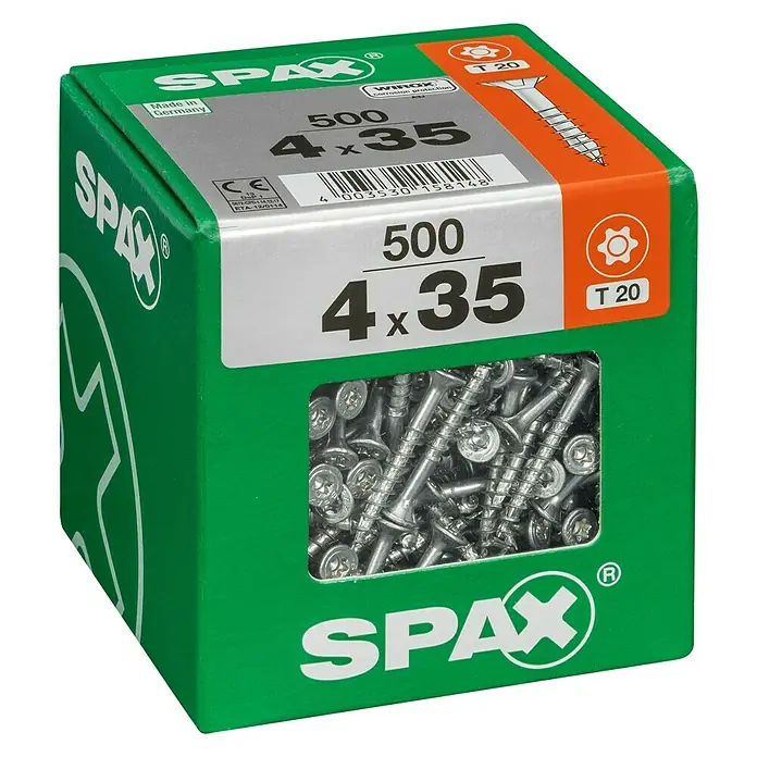 Spax T-Star plus Universalschraube T-Star plus - Ø x L: 4 x 35 mm, WIROX Oberfläche, T-Star plus, 500 Stk. - Eine grüne Spax-Schraubenbox mit der Aufschrift "500 4x35 T20", die hochwertige Schrauben für diverse Anwendungen verspricht.