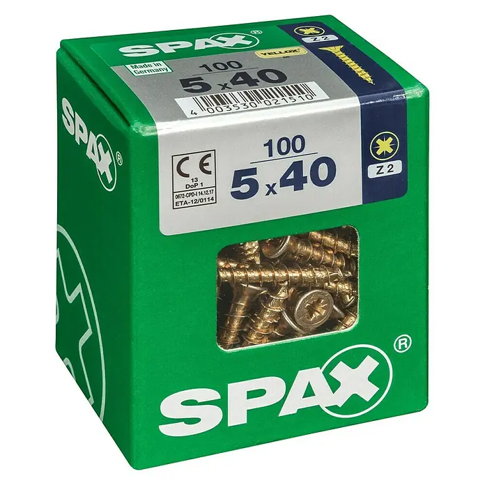 Spax Universalschraube5 x 40 mm, Vollgewinde, 100 Stk. - Eine grüne Spax-Schrauben-Box mit der Aufschrift 5x40 und dem Hinweis, dass sie in Deutschland hergestellt wurde.