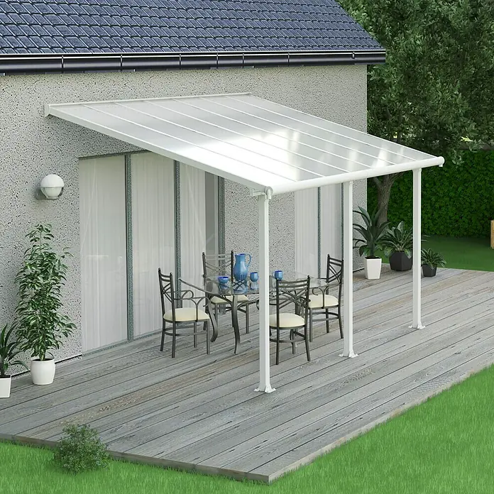 Palram – Canopia Terrassenüberdachung Olympia - B x T: 425 x 300 cm, Verkehrsweiß, Polycarbonat, Transparent - Überdachte Terrasse mit elegantem, weißem Pavillon und stilvoller Möblierung, ideal für entspannte Stunden im Freien.