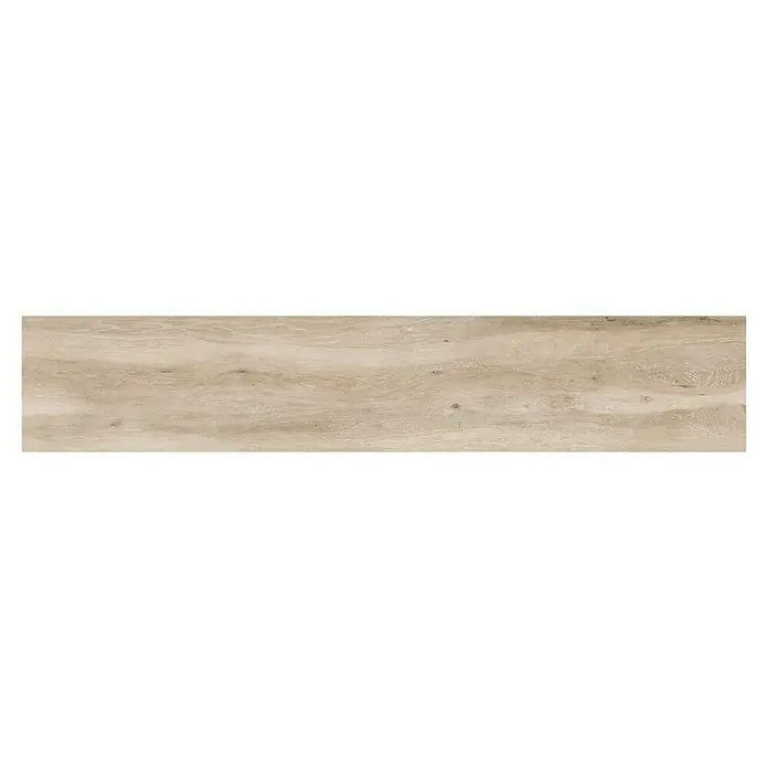 Halcón Pavimento porcelánico Wood - 22,5 x 119,5 cm, Beige, Mate, Rectificado - Primer plano de una tabla de madera clara con patrones de grano distintivos, mostrando una textura cálida y natural.
