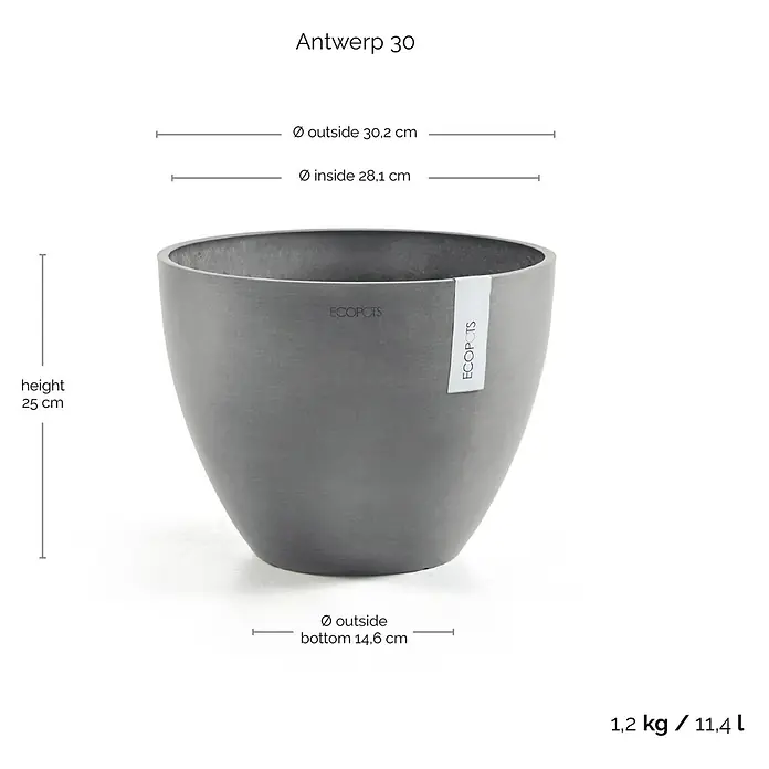 Ecopots Pflanztopf Antwerpen - Außenmaß (Ø x H): 30,2 x 25 cm, Kunststoff, Grau - Das Bild zeigt einen grauen "Antwerp 30" Pflanztopf von Ecopots mit den Maßen: Höhe 25cm, Durchmesser oben außen 30,2cm und unten 14,6cm.