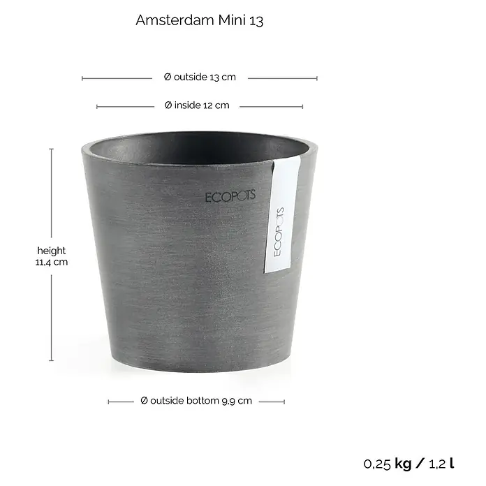 Ecopots Amsterdam Pflanztopf - Außenmaß (Ø x H): 13 x 11,4 cm, Kunststoff, Grau - Nahaufnahme eines grauen Ecopots Amsterdam Mini 13 Blumentopfs mit Maßangaben zu Höhe und Durchmesser.