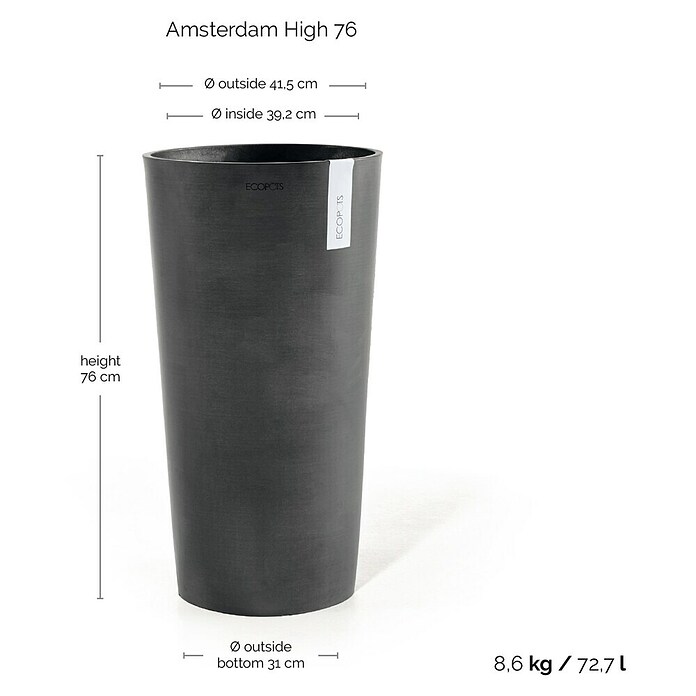 Ecopots Amsterdam Pflanzsäule rund High (Außenmaß (Ø x H): 41,5 x 76,8 cm, Kunststoff, Dunkelgrau) | BAUHAUS