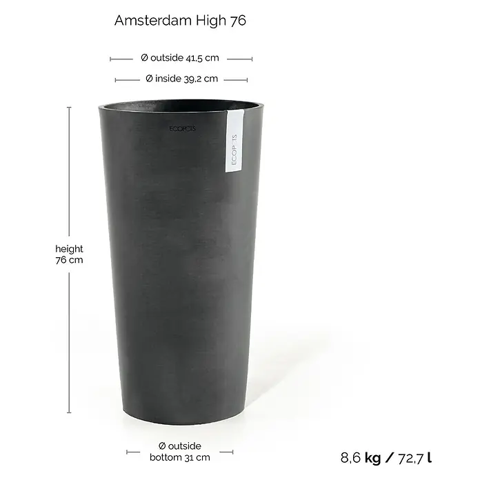 Ecopots Amsterdam Pflanzsäule rund High - Außenmaß (Ø x H): 41,5 x 76,8 cm, Kunststoff, Dunkelgrau - Das Bild zeigt den "Amsterdam High 76" Pflanztopf in Anthrazit mit Maßangaben: Höhe 76 cm, Durchmesser oben 41,5 cm (außen), Gewicht 8,6 kg.