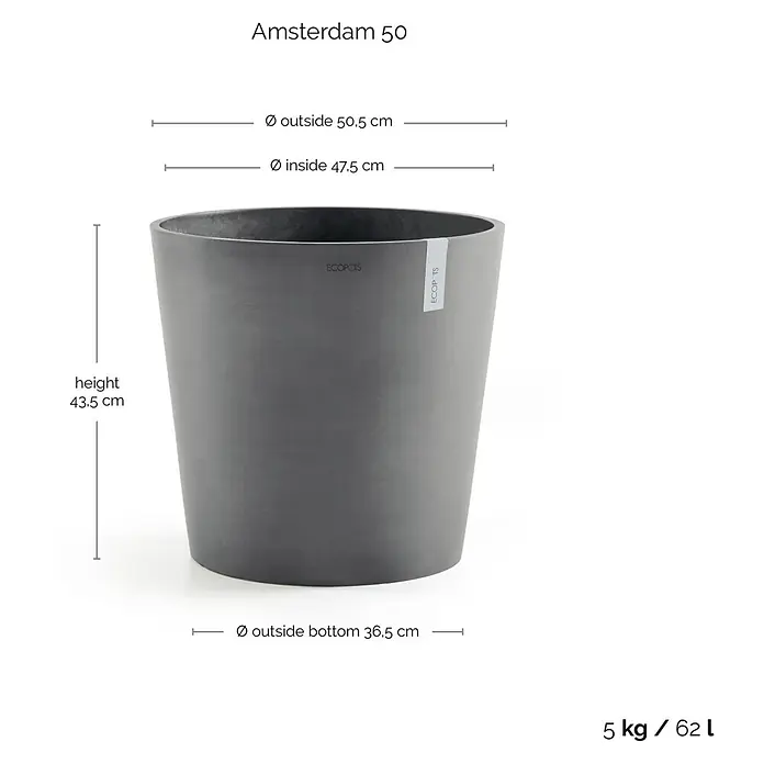 Ecopots Amsterdam Pflanztopf - Außenmaß (Ø x H): 50,5 x 43,5 cm, Kunststoff, Grau - Bild eines grauen Blumentopfs "Amsterdam 50" mit Maßangaben zu Höhe, Durchmesser oben und unten sowie Gewichts- und Volumenangaben.