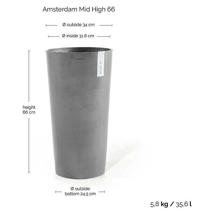Ecopots Amsterdam Pflanzsäule rund Mid High (Außenmaß (Ø x H): 34 x 66 cm, Kunststoff, Grau) | BAUHAUS