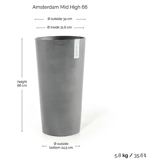 Ecopots Amsterdam Pflanzsäule rund Mid High - Außenmaß (Ø x H): 34 x 66 cm, Kunststoff, Grau - Grauer "Amsterdam Mid High 66" Pflanztopf mit den Maßen: Höhe 66 cm, Durchmesser oben 34 cm / 31,6 cm (außen/innen) und Durchmesser unten 24,5 cm.