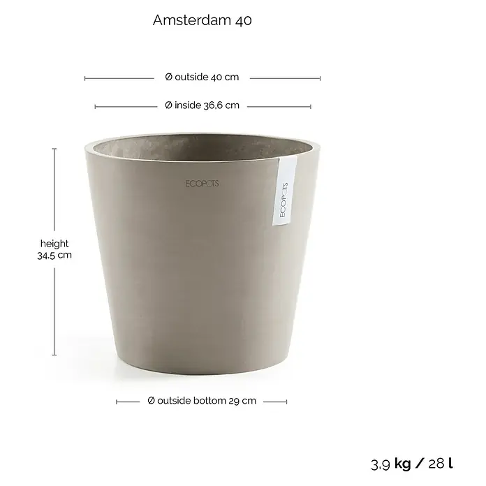 Ecopots Amsterdam Pflanztopf - Außenmaß (Ø x H): 40 x 34,5 cm, Kunststoff, Braungrau - Abbildung eines "Amsterdam 40" Pflanzgefäßes mit Maßangaben für Höhe, Durchmesser oben und unten, Gewicht und Volumen.