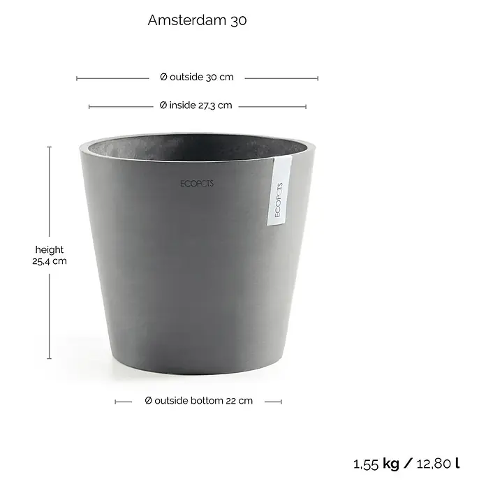 Ecopots Amsterdam Pflanztopf - Außenmaß (Ø x H): 30 x 25,4 cm, Kunststoff, Grau - Abbildung eines grauen EcoPots Amsterdam 30 Blumentopfs mit Größenangaben.