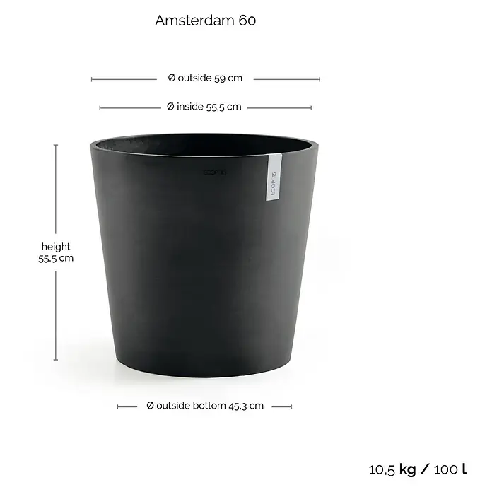 Ecopots Amsterdam Pflanztopf - Außenmaß (Ø x H): 59 x 55,5 cm, Kunststoff, Dunkelgrau - Abbildung eines schwarzen Pflanzgefäßes Amsterdam 60 mit Größenangaben: Höhe 55,5 cm, Außendurchmesser 59 cm, Innendurchmesser 55,5 cm, Gewicht 10,5 kg, Volumen 100 l.