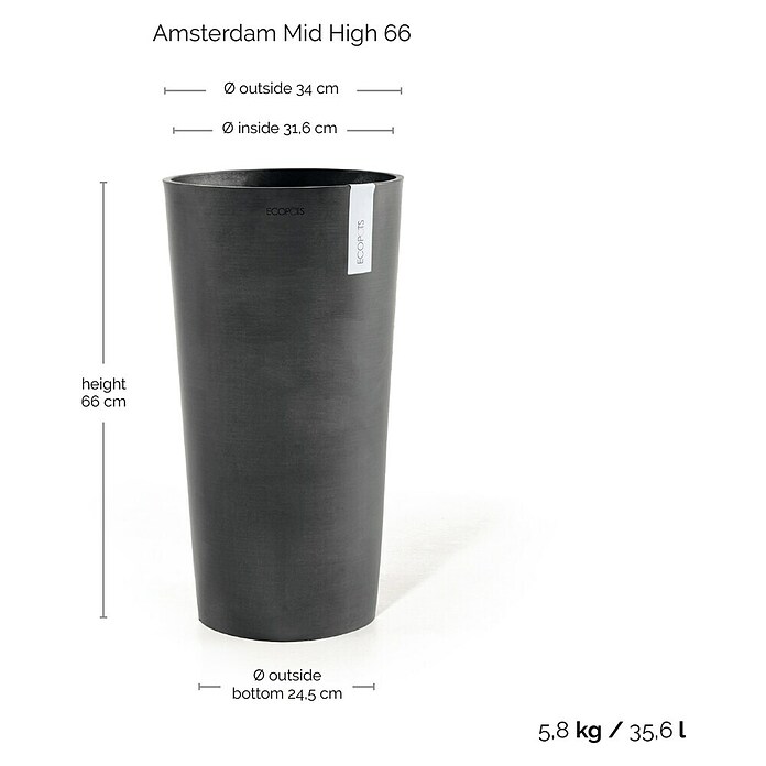 Ecopots Amsterdam Pflanzsäule rund Mid High (Außenmaß (Ø x H): 34 x 66 cm, Kunststoff, Dunkelgrau) | BAUHAUS