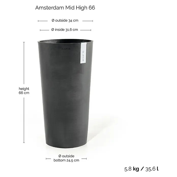 Ecopots Amsterdam Pflanzsäule rund Mid High - Außenmaß (Ø x H): 34 x 66 cm, Kunststoff, Dunkelgrau - Abbildung eines hohen, schwarzen "Amsterdam Mid High 66" Blumentopfs mit Größenangaben.