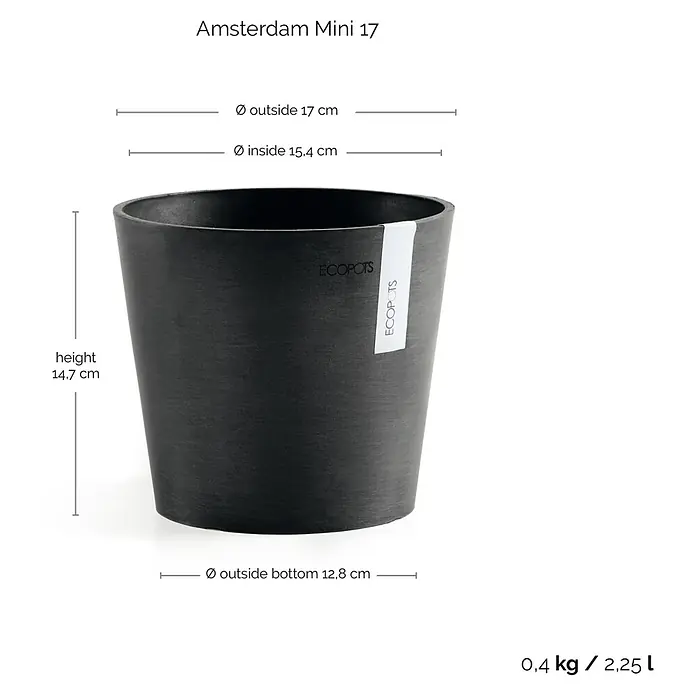 Ecopots Amsterdam Pflanztopf Mini - Außenmaß (Ø x H): 17 x 14,9 cm, Kunststoff, Dunkelgrau - Abbildung eines schwarzen "Amsterdam Mini 17" Pflanztopfes von ECOPOTS mit Größenangaben.