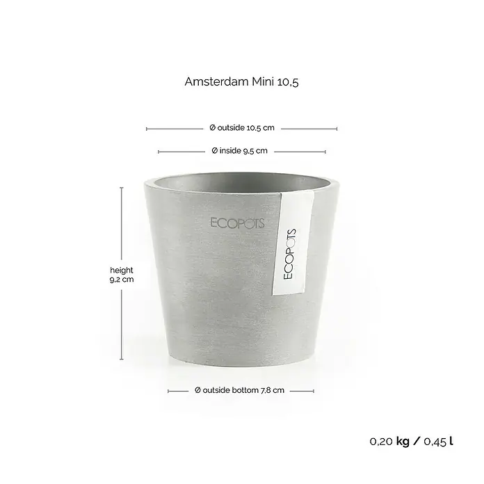 Ecopots Amsterdam Pflanztopf Mini - Außenmaß (Ø x H): 10,5 x 9,2 cm, Kunststoff, Weiß, Grau - Nahaufnahme eines grauen Ecopots Amsterdam Mini 10.5 Blumentopfes mit Größenangaben.
