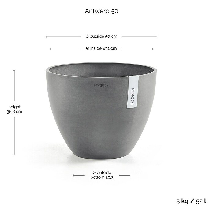 Ecopots Maceta para planta Amberes (Dimensiones externas (Ø x Al): 50 x 38,8 cm, Plástico, Gris) | BAUHAUS