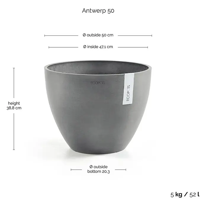 Ecopots Pflanztopf Antwerpen - Außenmaß (Ø x H): 50 x 38,8 cm, Kunststoff, Grau - Abbildung eines "Antwerp 50" Blumentopfes, der seine Abmessungen und das Volumen von 52 Litern zeigt.