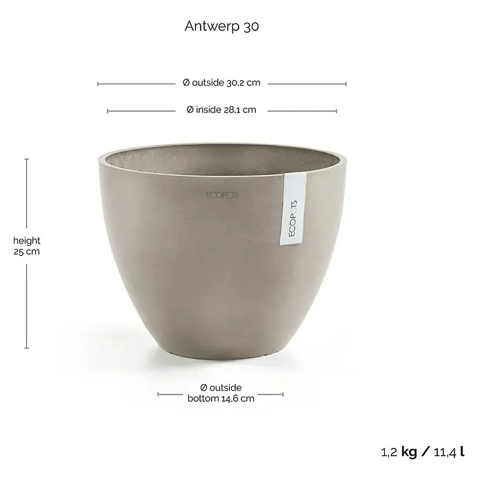 Ecopots Pflanztopf Antwerpen - Außenmaß (Ø x H): 30,2 x 25 cm, Kunststoff, Braungrau - Bild einer beigen, konisch zulaufenden Pflanzschale namens "Antwerp 30" mit Größenangaben und Produktdetails.