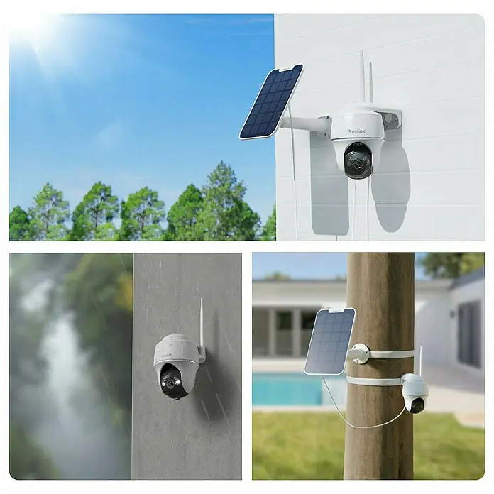 Reolink Überwachungskamera Argus Series B430 inkl. Solarpanel -  - Unterschiedliche Ansichten der Reolink Überwachungskamera mit Solarpanel, die im Außenbereich installiert ist.\n