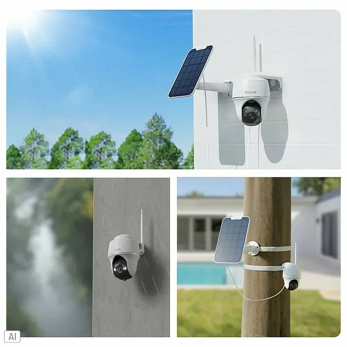 Reolink Überwachungskamera Argus Series B430 inkl. Solarpanel - Weiß - Unterschiedliche Ansichten der Reolink Überwachungskamera mit Solarpanel, die im Außenbereich installiert ist.\n