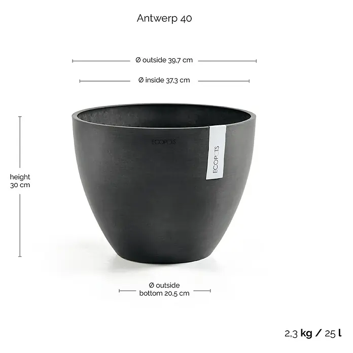 Ecopots Pflanztopf Antwerpen - Außenmaß (Ø x H): 39,7 x 30 cm, Kunststoff, Dunkelgrau - Abbildung eines Anthrazitfarbenen Blumentopfs namens "Antwerp 40" mit den Maßen Höhe 30cm, Außendurchmesser oben 39,7cm und unten 20,5cm.