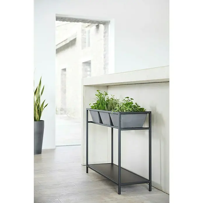 Ecopots Berlin Kräuterhochbeet - Grau - Graues Kräuterregal mit 3 Einsätzen voller Kräuter. Das Kräuterregal hat eine zusätzliche Ablagefläche.